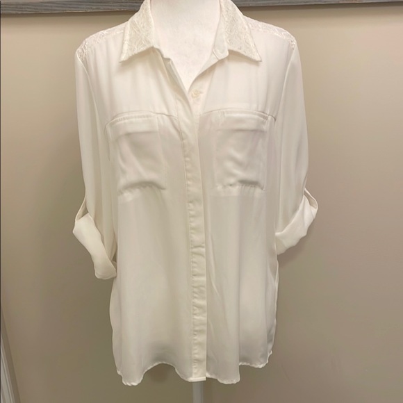 Sequin Hearts White 3/4 Sleeve Notched Collar Lace Blouse Pockets Button Up - Picture 1 of 15